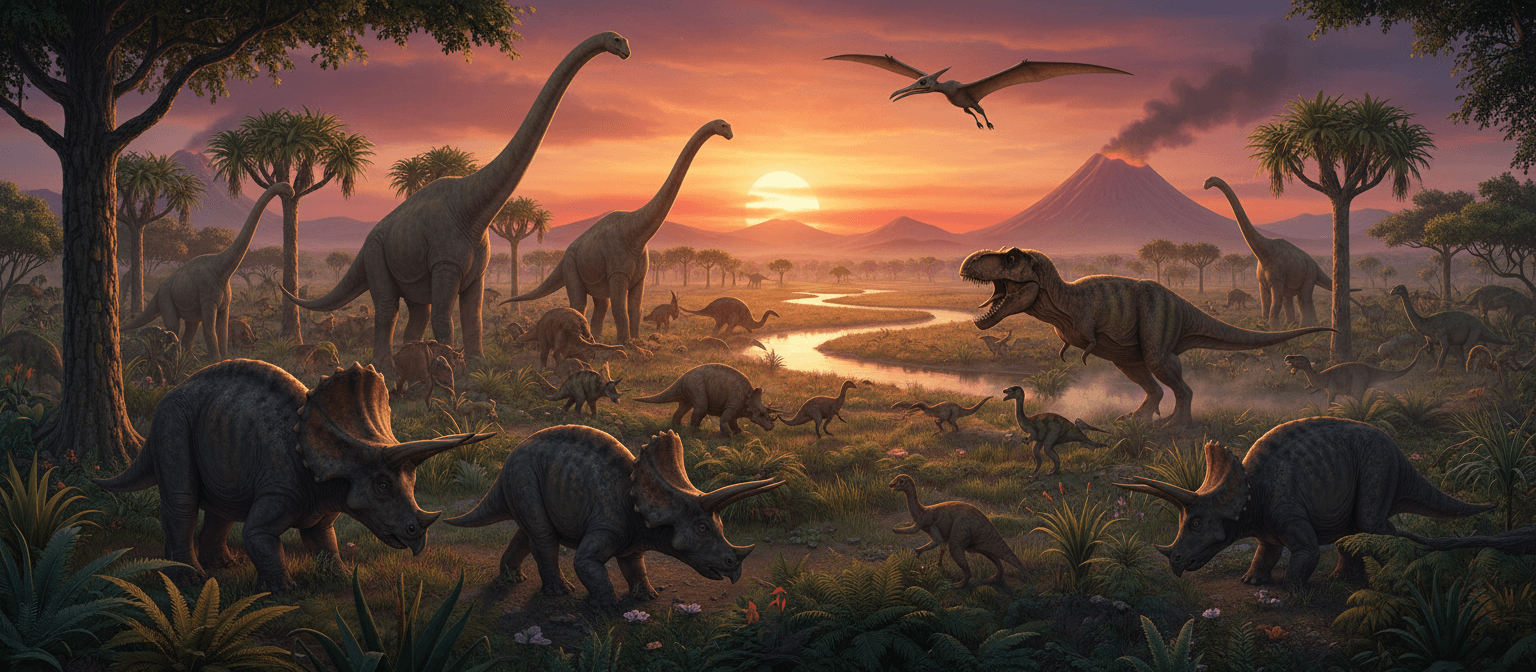 AI-generated image of dinosaurs at sunset